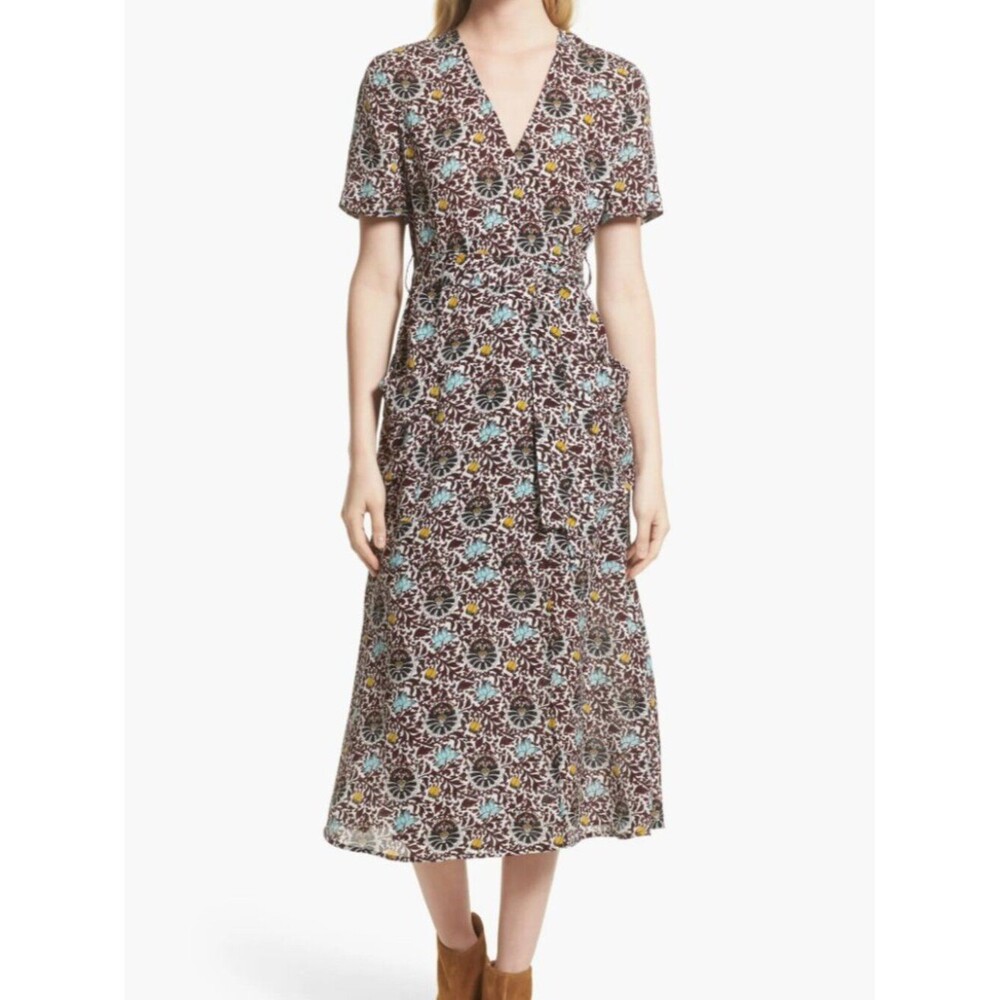 A.L.C Silk Size 2 Short Sleeve Stephanie Print Silk Wrap Sun Midi floral Dress